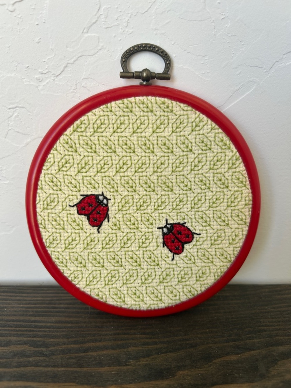 Hand Embroidered Ladybug Hoop Art in Red Frame